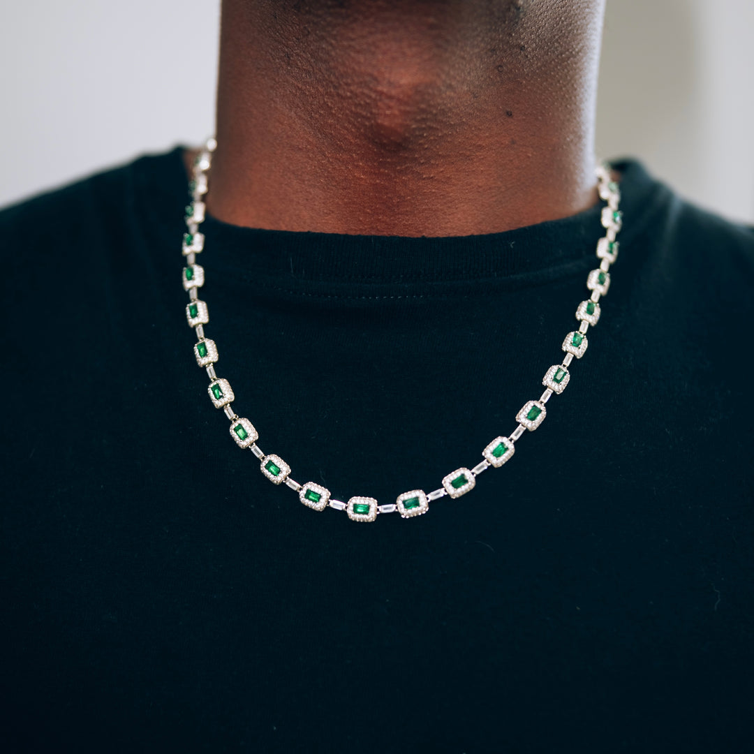 Iced Square/Green Stone Tennis Link Chain - Silver