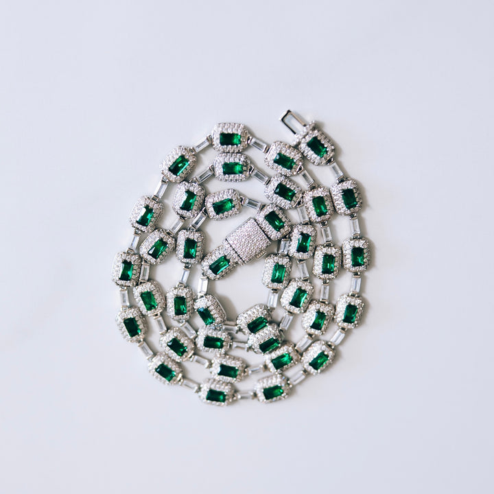 Iced Square/Green Stone Tennis Link Chain - Silver