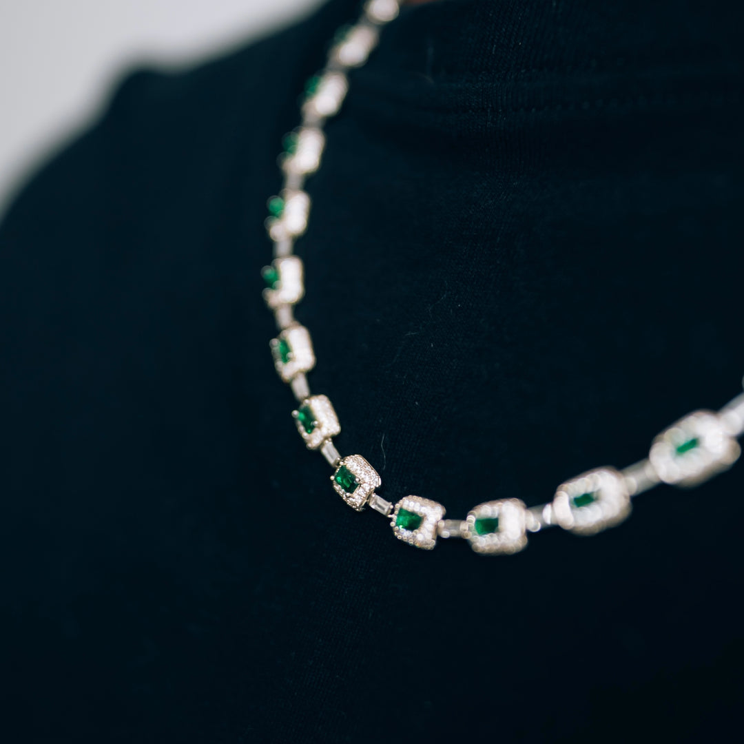 Iced Square/Green Stone Tennis Link Chain - Silver
