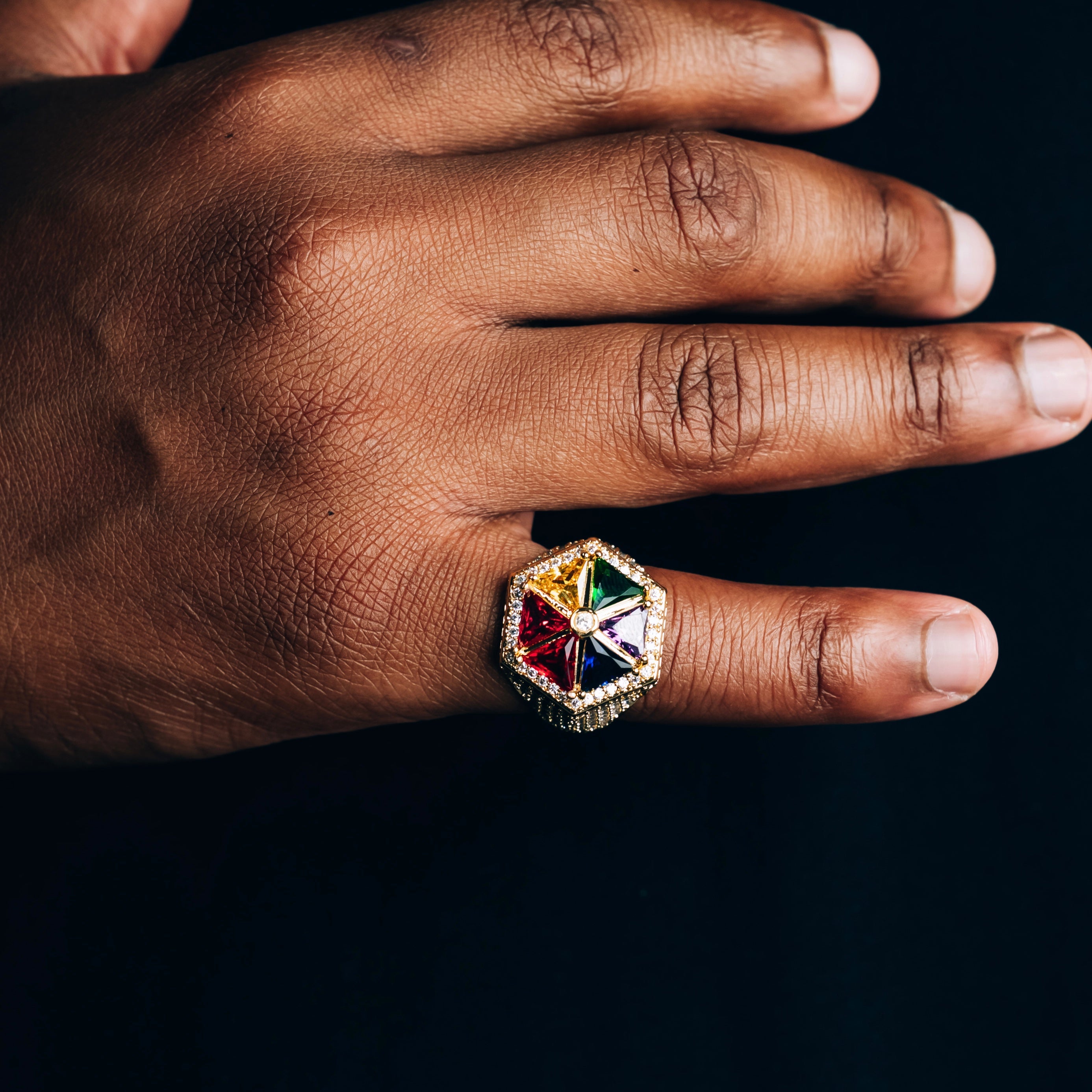 Multicolour Stone Signet Pyramid Ring - Gold • LUMINARY