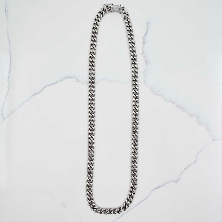 Miami Cuban Link Chain w/ Box Clasp - Silver (8mm) on White Marble
